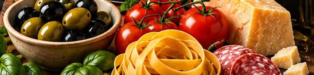 Italienische Spezialitäten: Oliven, Tomaten, Pasta, Parmigiano und Salami